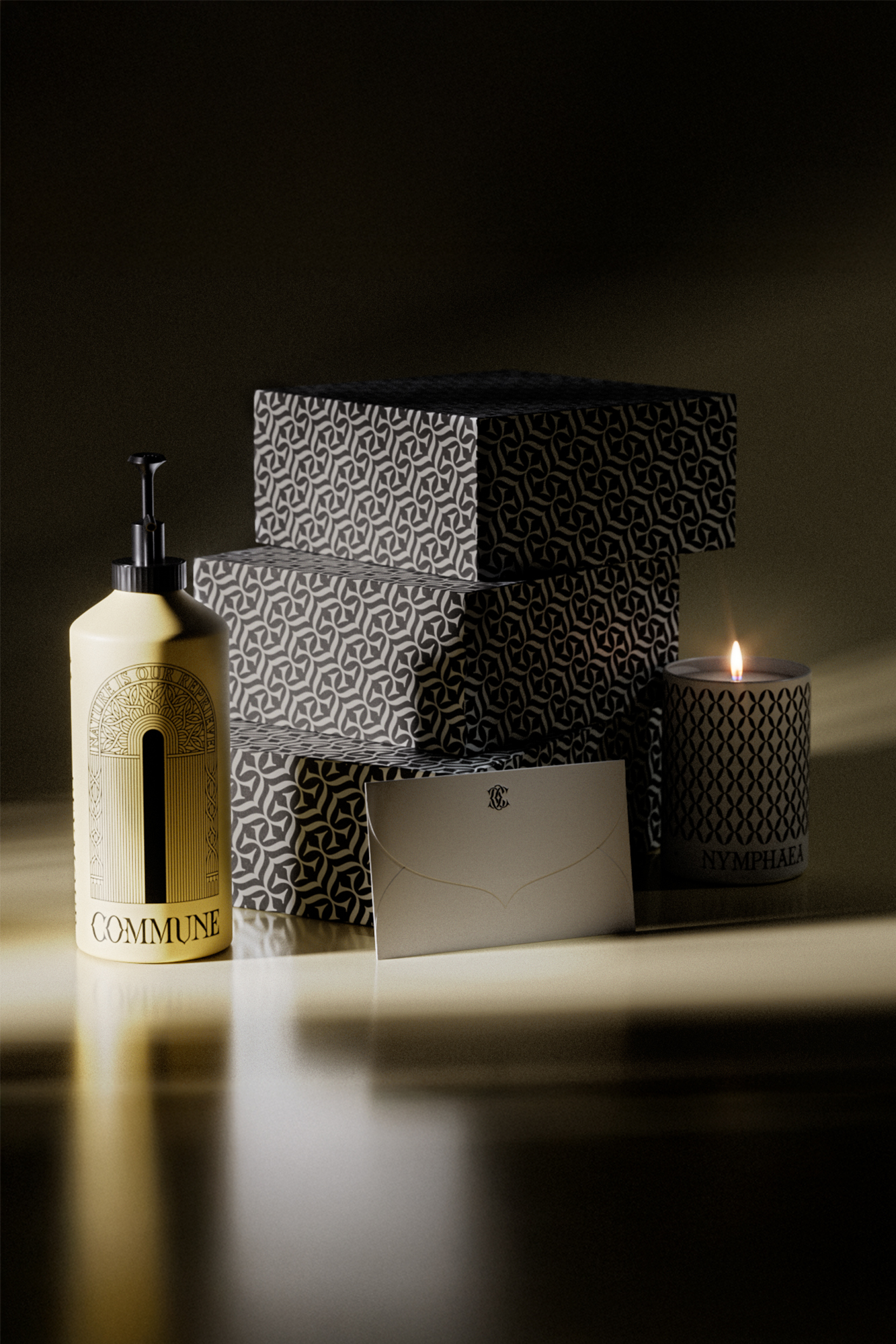 Commune Product display with aluminum bottles with luxury body wash and gift boxes on a dark background