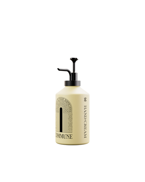A bottle of Seymour hand cream with a reusable pump
