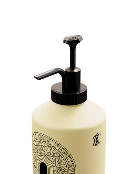 A bottle of Seymour shampoo with a reusable pump