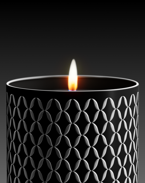 Nymphea Nox candle in an aluminum vessel with a geometric pattern, with a black marble lid.