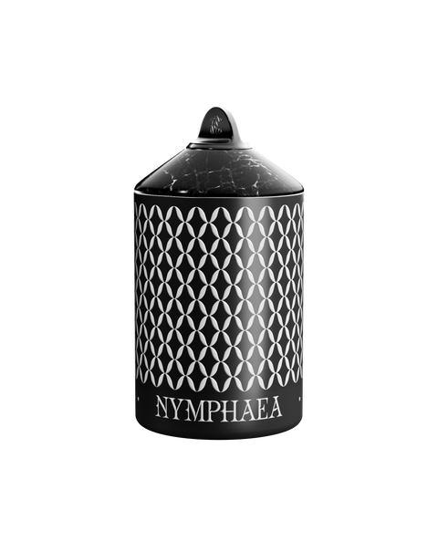 Nymphea Nox candle in an aluminum vessel with a geometric pattern, with a black marble lid.