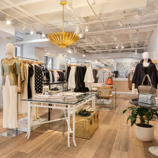 Interior of a Commune stockist - modern store with mannequins, clothing racks, and a chandelier.