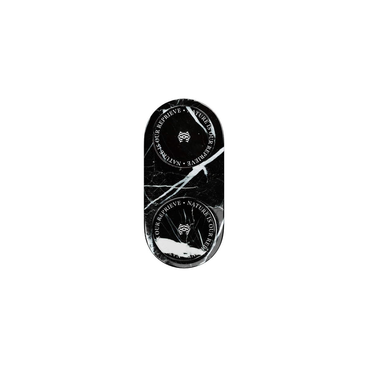 A black oval-shaped black marble tray