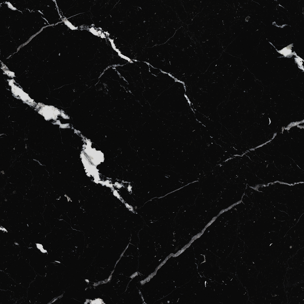 Black marble texture with prominent white and light gray veining throughout the surface.