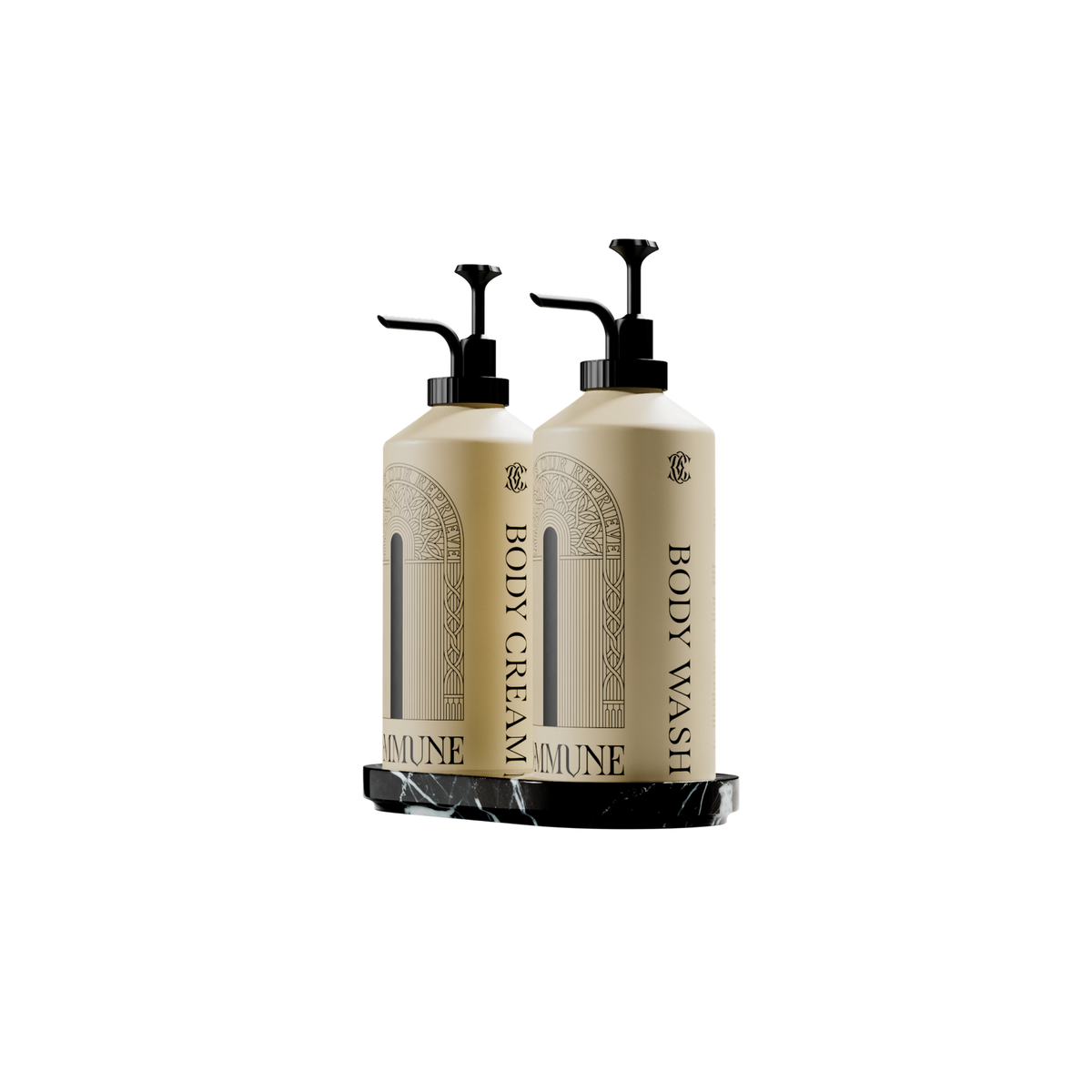 Two cream-colored pump bottles labeled 'BODY CREAM' and 'BODY WASH' with black dispensers, displayed on a black marble tray