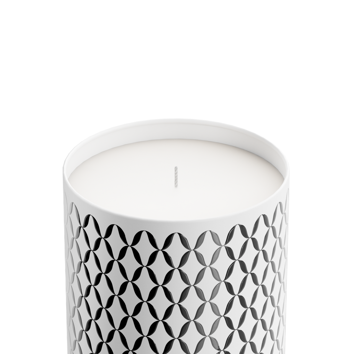 A Nymphea Lux candle with a geometric pattern printed on it.