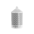 A white Nymphea Lux candle with a geometric pattern, in an aluminum container with a white onyx lid in a box.