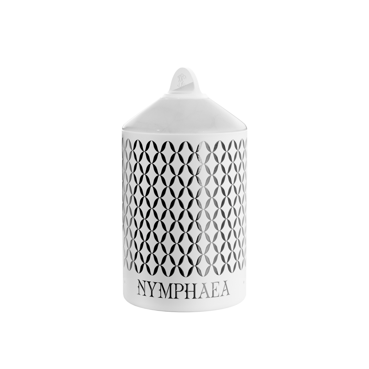 A white Nymphea Lux candle with a geometric pattern, in an aluminum container with a white onyx lid in a box.