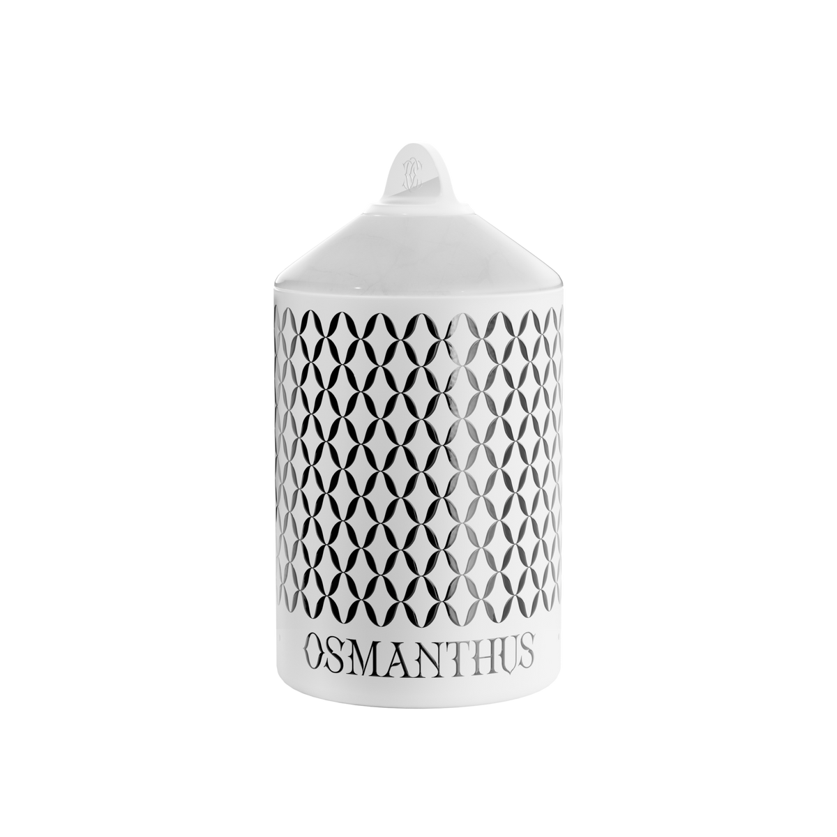 A white Osmanthus Lux candle with a geometric pattern, in an aluminum container with a white onyx  lid.