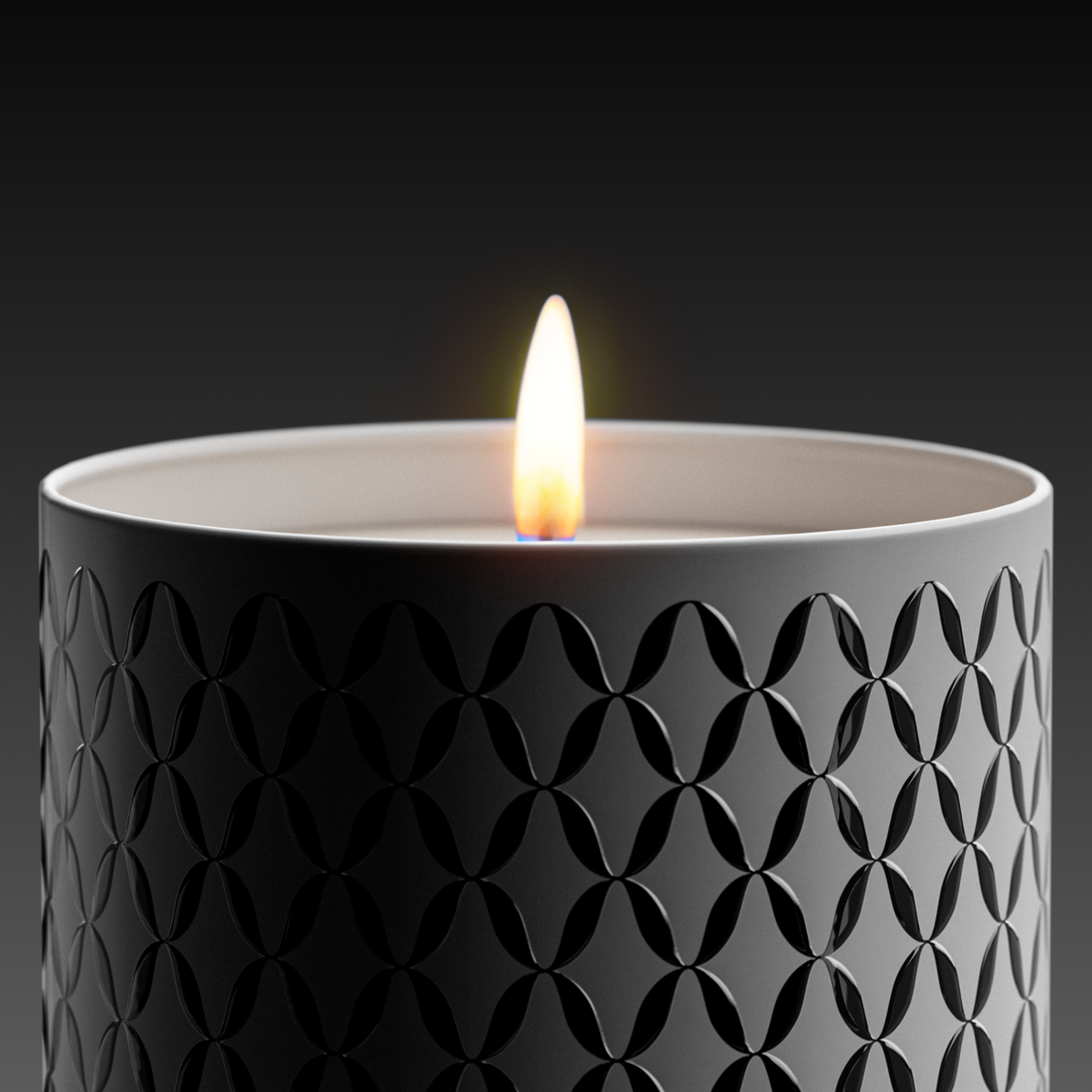 A white Osmanthus Lux candle with a geometric pattern, in an aluminum container with a white onyx  lid.