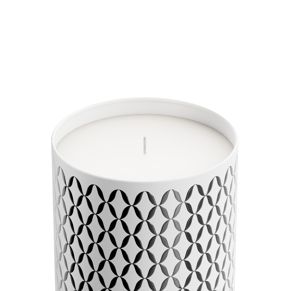 A luxury scented Vetiveria Nox candle with a geometric pattern on the aluminum vessel.