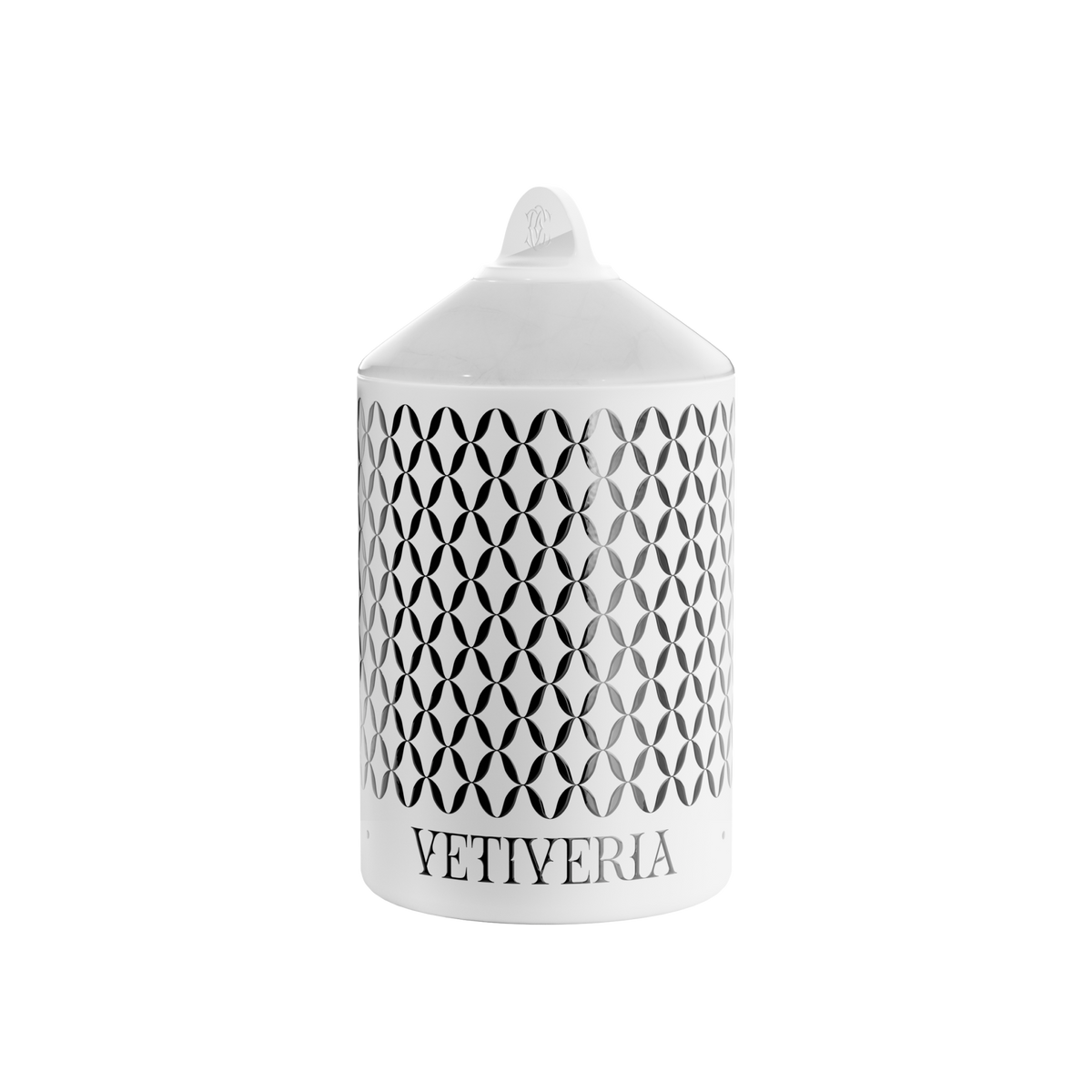 A luxury scented Vetiveria Now candle with a white onyx lid housed in a white aluminum vessel.