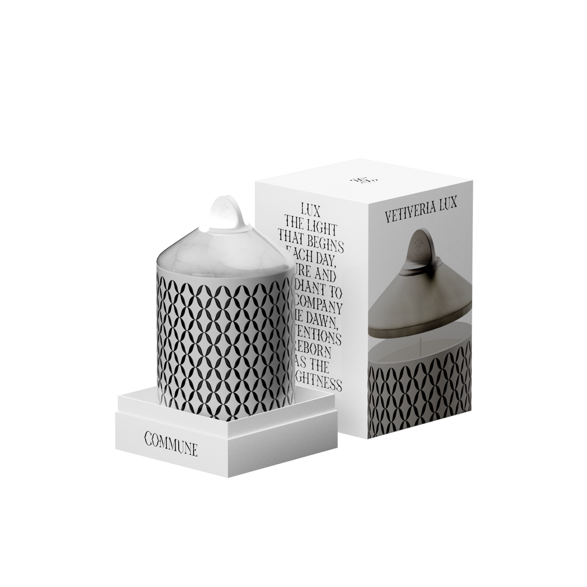 A luxury scented Vetiveria Now candle with a white onyx lid housed in a white aluminum vessel.