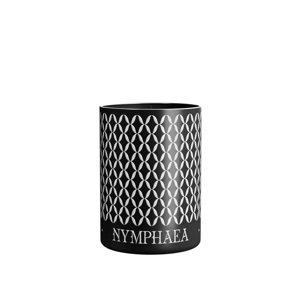 A scented Nymphea Nox candle with a geometric pattern, in an aluminium vessel.