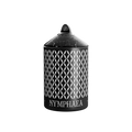 Nymphea Nox candle in an aluminum vessel with a geometric pattern, with a black marble lid.