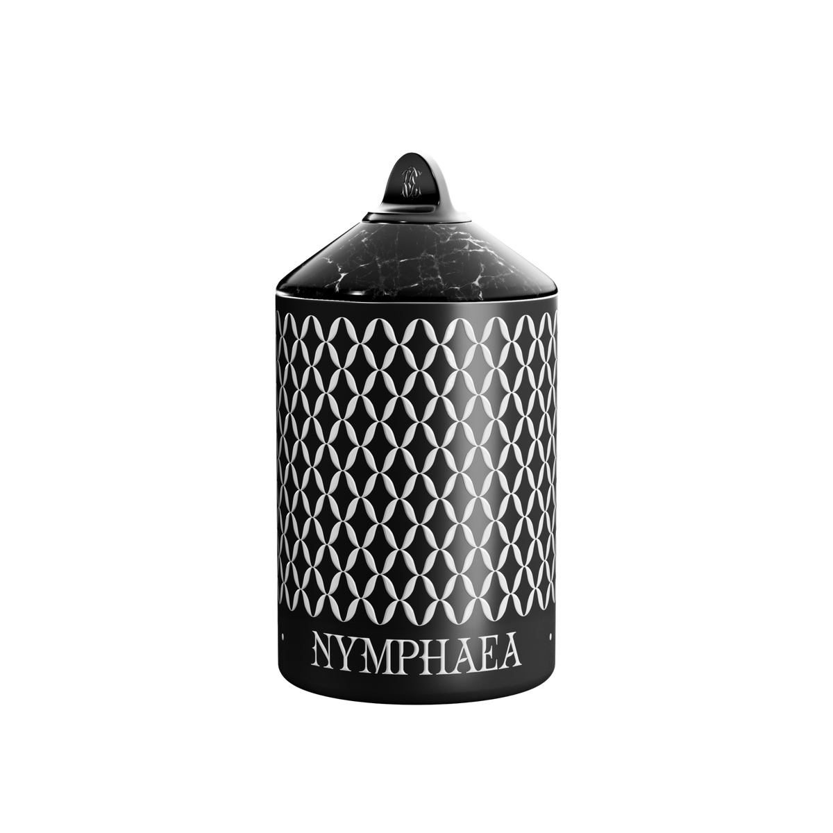 Nymphea Nox candle in an aluminum vessel with a geometric pattern, with a black marble lid.