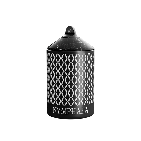 Nymphea Nox candle in an aluminum vessel with a geometric pattern, with a black marble lid.