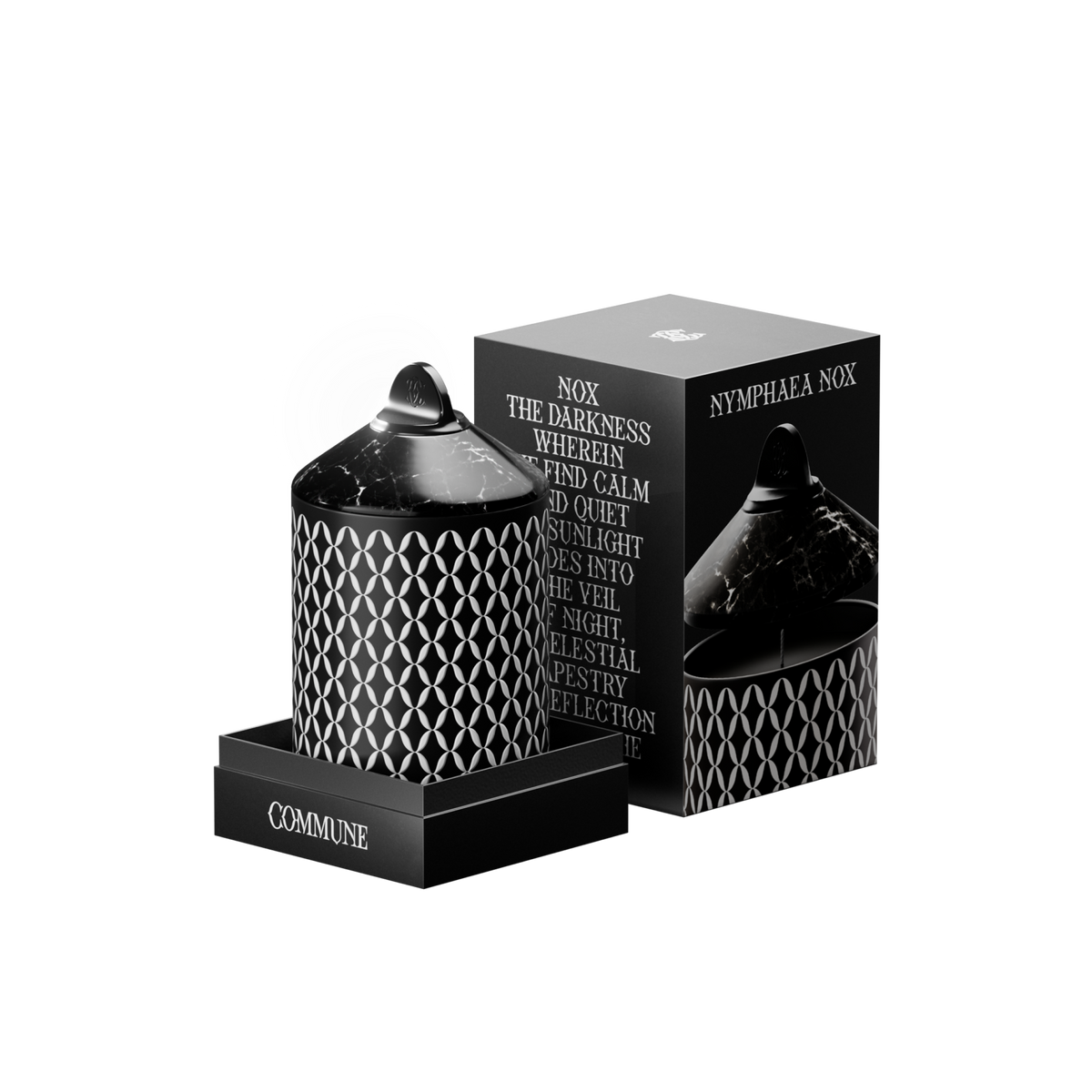 Nymphea Nox candle in an aluminum vessel with a geometric pattern, with a black marble lid.