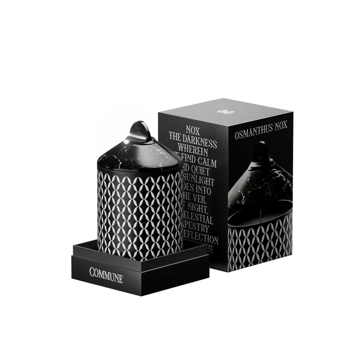 A luxury scented Osmanthus Nox candle with a black marble lid in a box